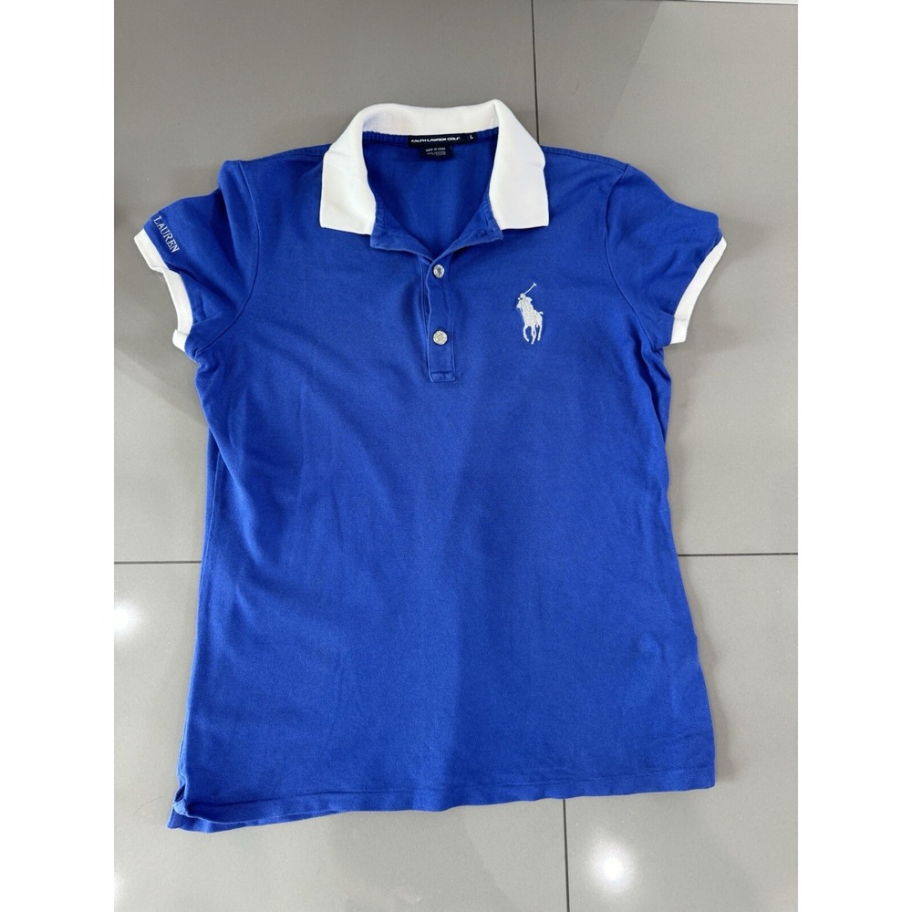Ralph Lauren Golf Polo Shirt Big Pony Womens L Blue White Short Sleeve Collared